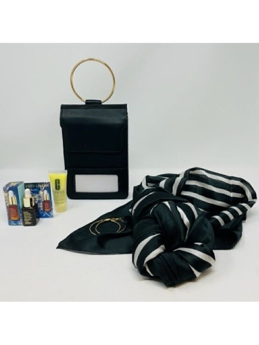 5 piece set- purse, scarf, earrings, Clinique moisturizer, ELauder serum - Picture 4 of 4
